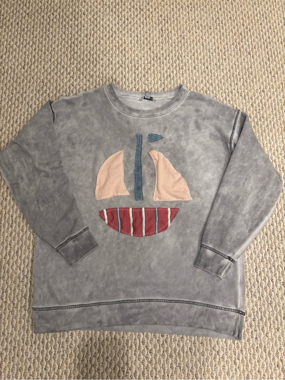 American Eagle Outfitters Gray Washed Sweatshirt with Sailboat Appliqué